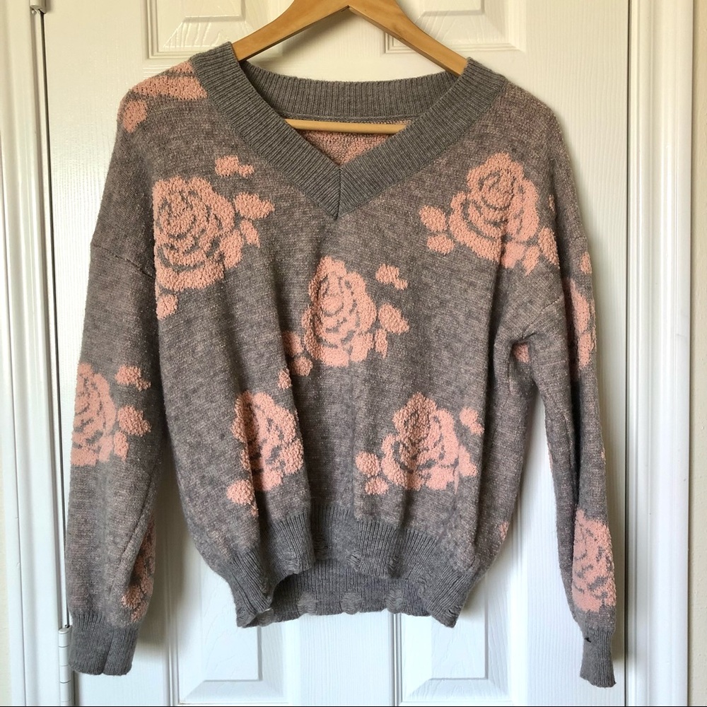 SHEIN Womens Sweater Roses Pink and Gray